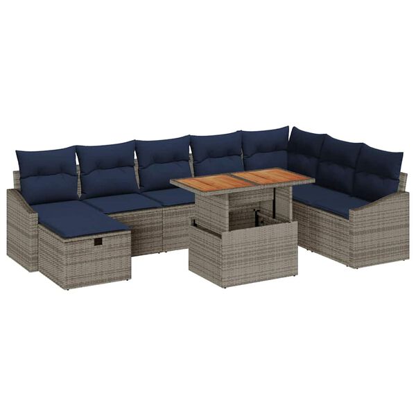 vidaXL Garden Sofa Set with Cushion 9 pcs Grey Poly Rattan