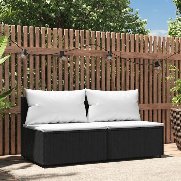 vidaXL Garden Middle Sofas with Cushions 2 pcs Black Poly Rattan