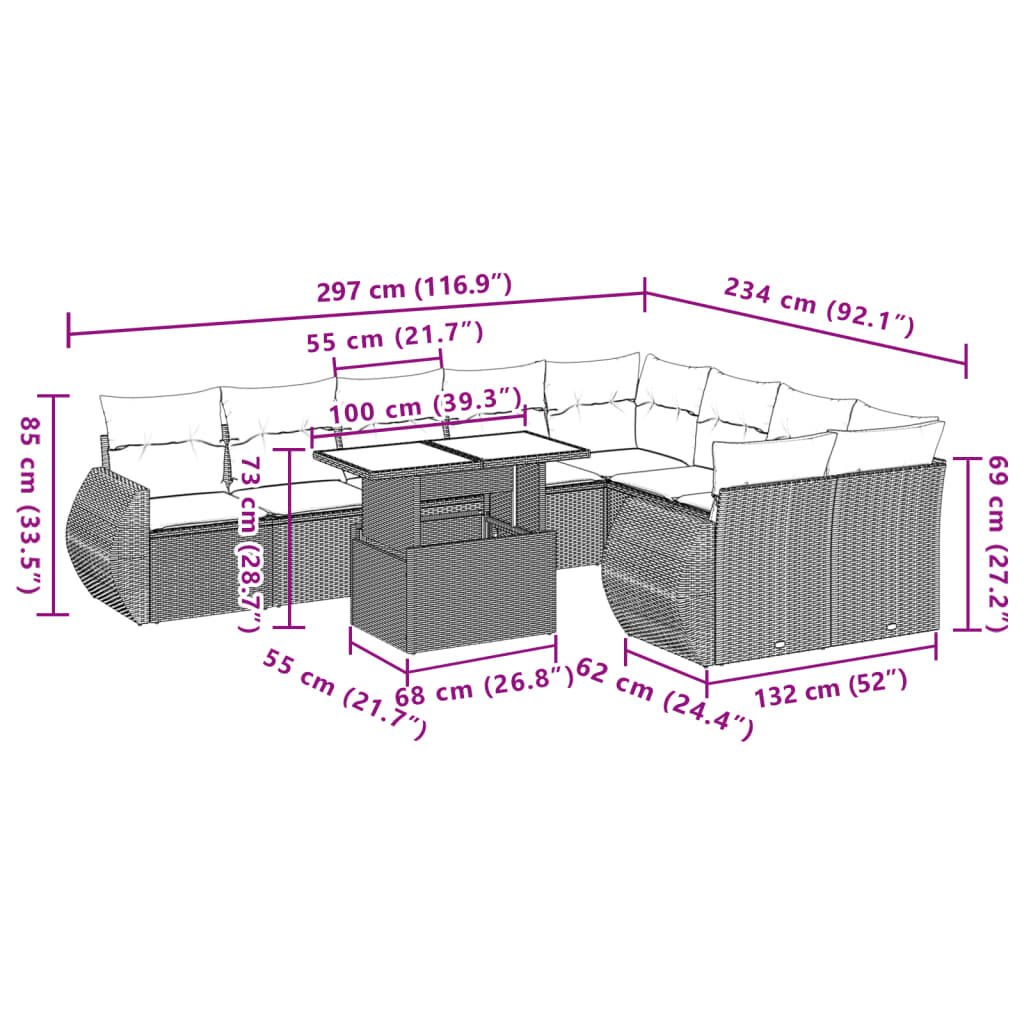 vidaXL 10 Piece Garden Sofa Set with Cushions Brown Poly Rattan