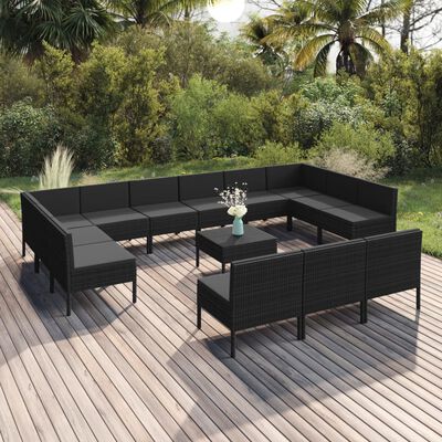 vidaXL 14 Piece Garden Lounge Set with Cushions Poly Rattan Black
