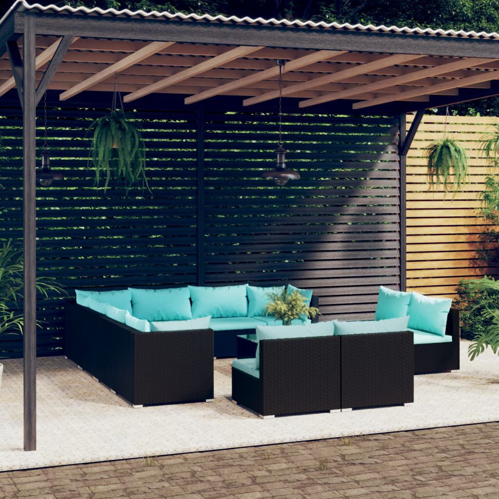 vidaXL 12 Piece Garden Lounge Set with Cushions Black Poly Rattan