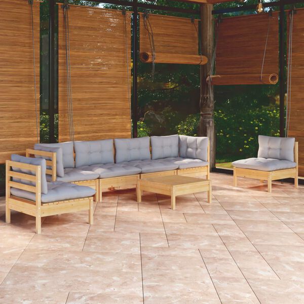 vidaXL 7 Piece Garden Lounge Set with Grey Cushions Solid Pinewood