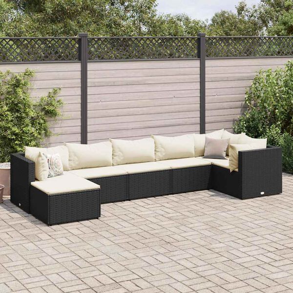 vidaXL 7 Piece Garden Lounge Set with Cushions Black Poly Rattan