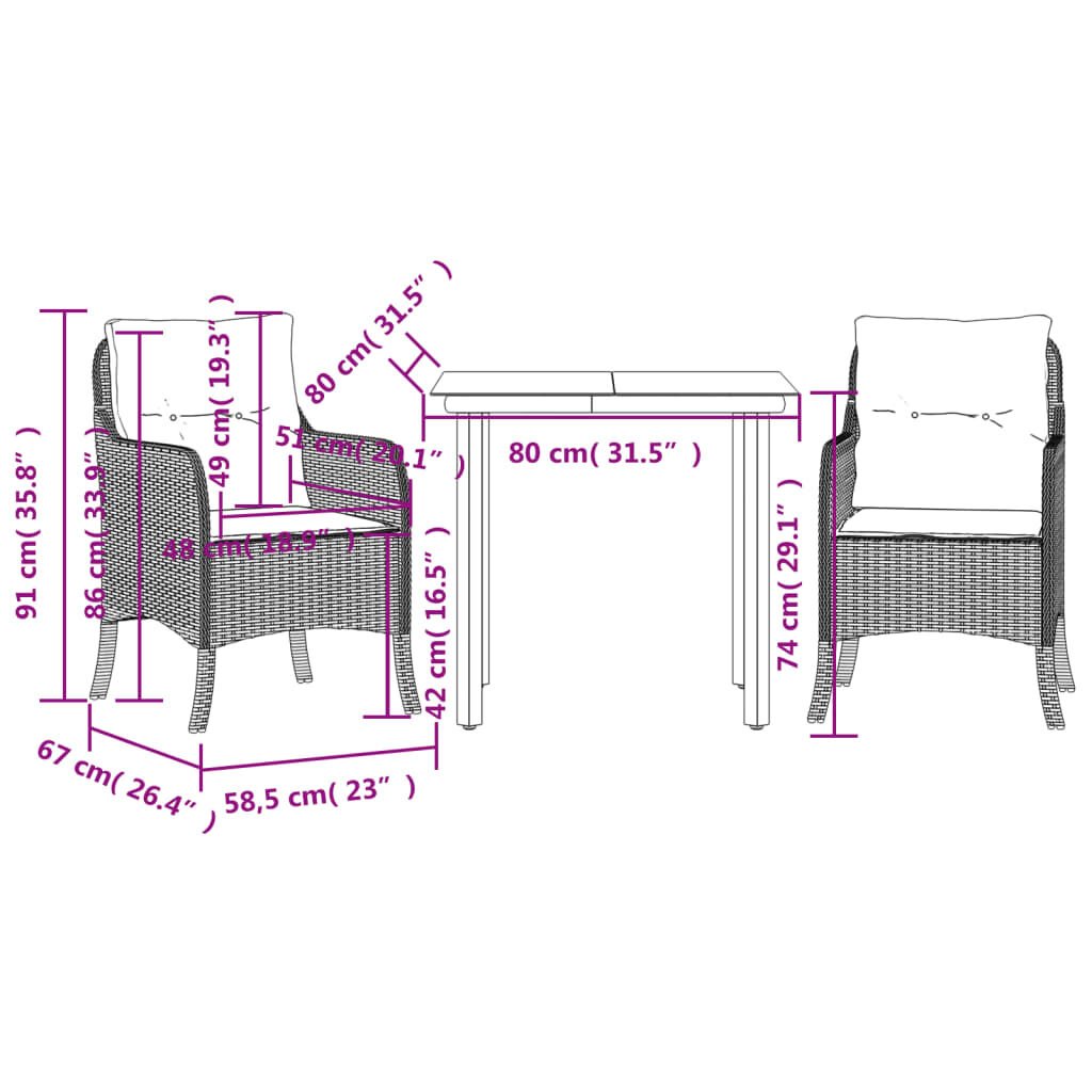vidaXL 3 Piece Garden Dining Set with Cushions Beige Poly Rattan