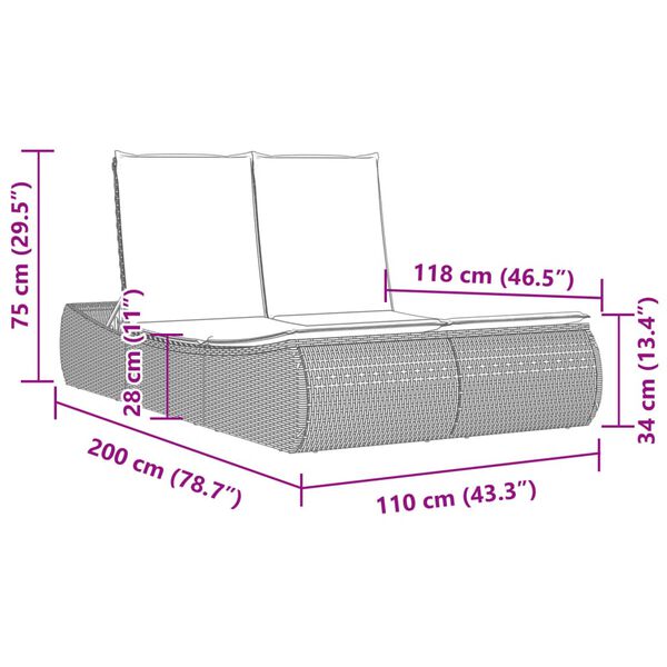vidaXL Double Sun Lounger with Cushions Black Poly Rattan
