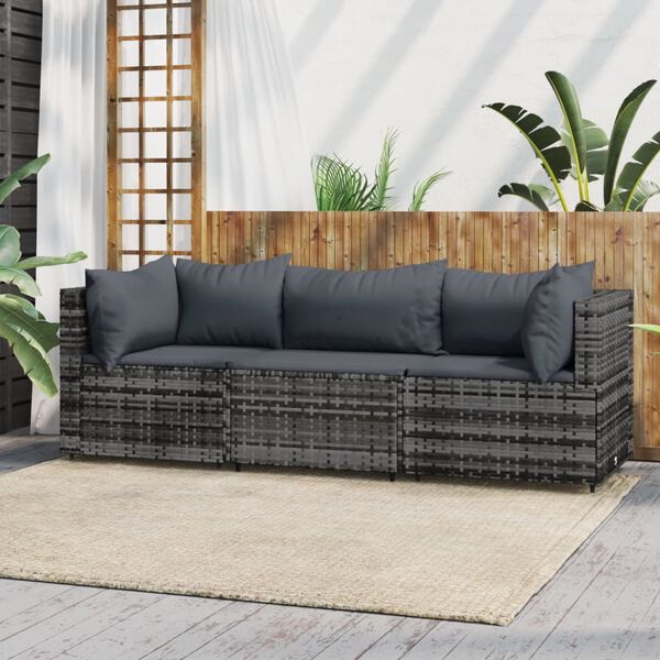 vidaXL 3 Piece Garden Lounge Set with Cushions Grey Poly Rattan