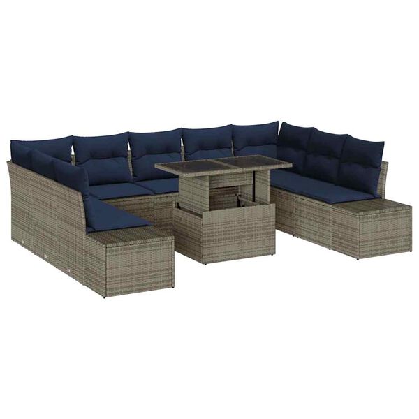 vidaXL Garden Sofa Set 10 pcs Grey and Navy Blue Poly Rattan