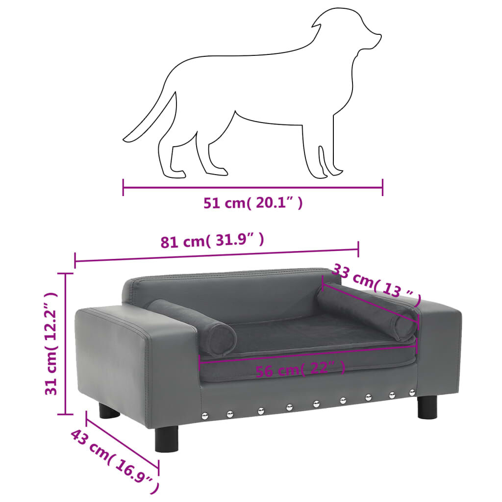 vidaXL Dog Sofa Grey 81x43x31 cm Plush and Faux Leather