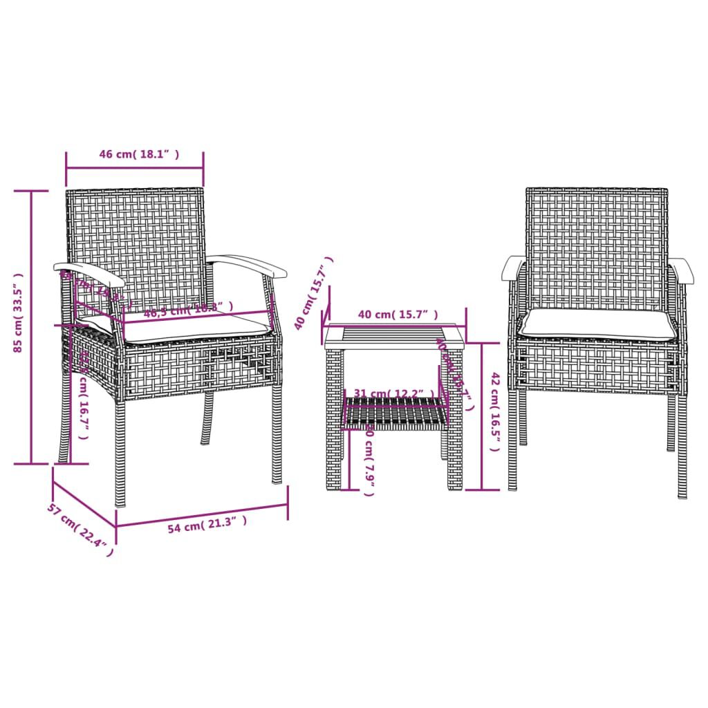 vidaXL 3 Piece Bistro Set with Cushions Grey Poly Rattan Acacia Wood