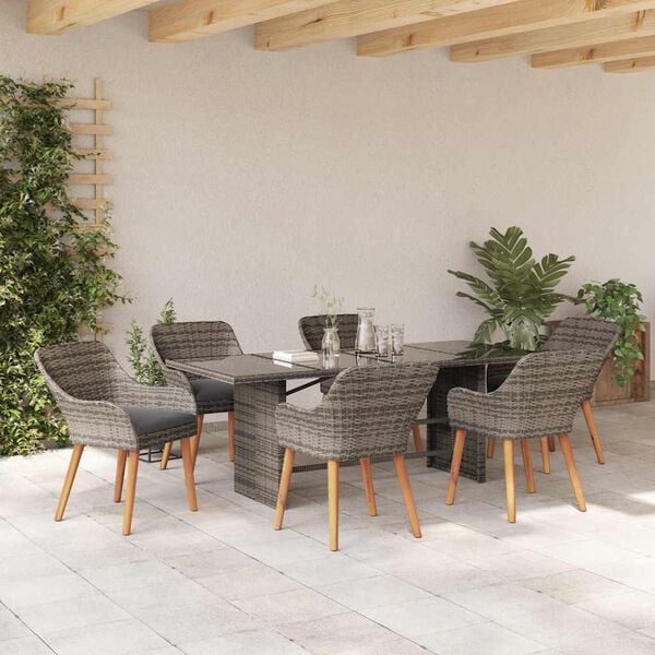 vidaXL Garden Dining Set with Cushion 7 pcs Grey Poly Rattan