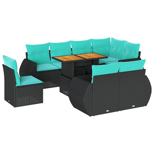 vidaXL 9 Piece Garden Sofa Set with Cushions Black Poly Rattan