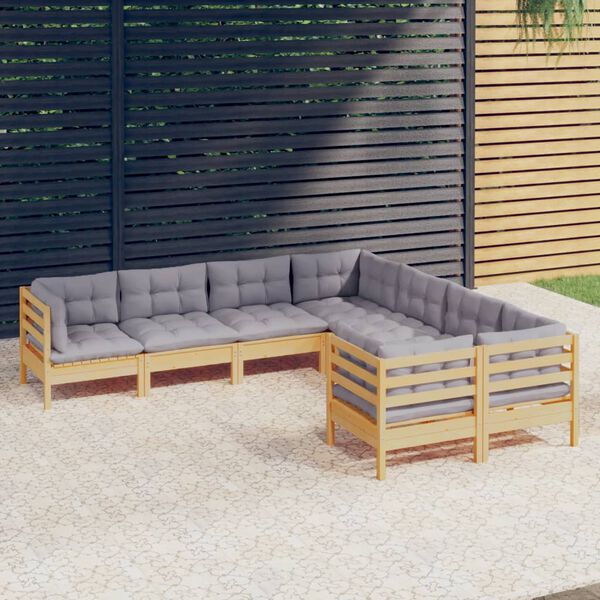 vidaXL 8 Piece Garden Lounge Set with Grey Cushions Solid Pinewood