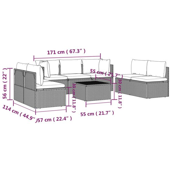 vidaXL 8 Piece Garden Lounge Set with Cushions Grey Poly Rattan