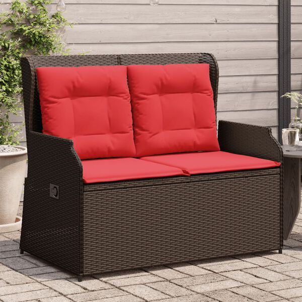 vidaXL Reclining Garden Bench with Cushions Brown Poly Rattan