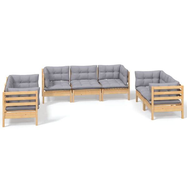 vidaXL 7 Piece Garden Lounge Set with Grey Cushions Solid Pinewood