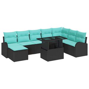 vidaXL Garden Sofa Set with Storage 9 pcs Black and Blue Poly Rattan