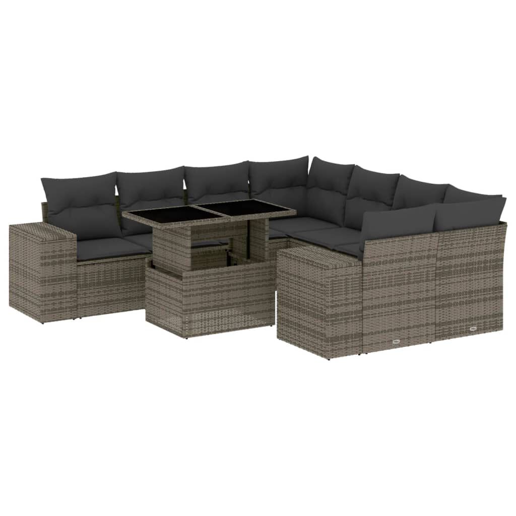 vidaXL 9 Piece Garden Sofa Set with Cushions Grey Poly Rattan