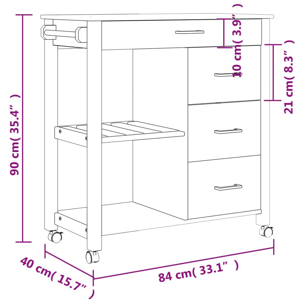 vidaXL Kitchen Trolley MONZA 84x40x90 cm Solid Wood Pine