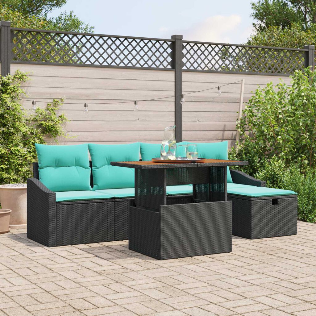 vidaXL 6 Piece Garden Sofa Set with Cushions Black Poly Rattan