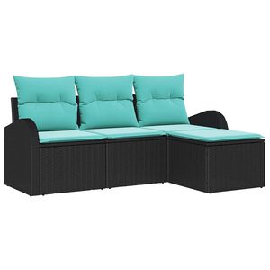 vidaXL Sofa Set with Cushion 4 pcs Black and Turquoise Poly Rattan
