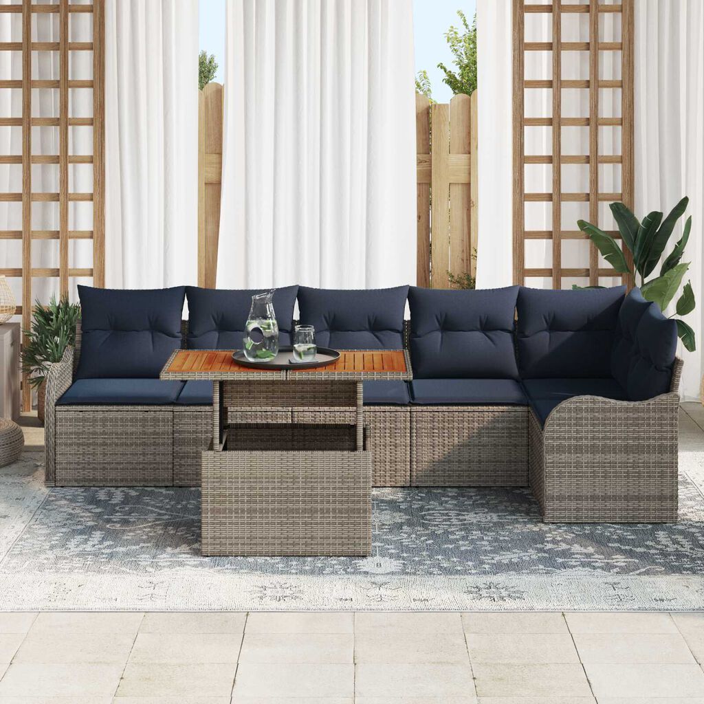 vidaXL 7 Piece Garden Sofa Set with Cushions Grey Poly Rattan Acacia