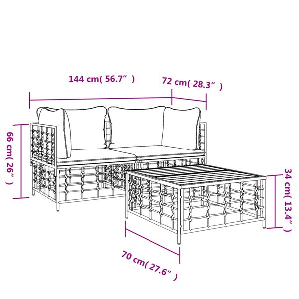 vidaXL 3 Piece Garden Lounge Set with Cushions Anthracite Poly Rattan