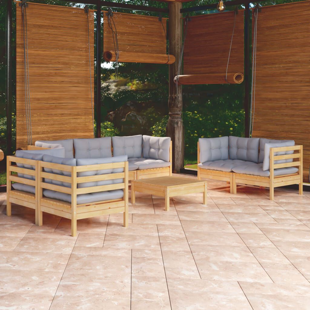 vidaXL 8 Piece Garden Lounge Set with Grey Cushions Solid Pinewood