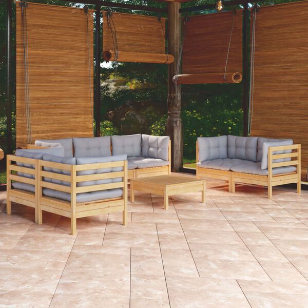 vidaXL 8 Piece Garden Lounge Set with Grey Cushions Solid Pinewood