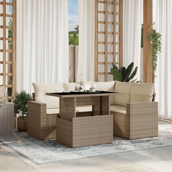 vidaXL 5 Piece Garden Sofa Set with Cushions Beige Poly Rattan