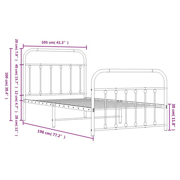 vidaXL Metal Bed Frame without Mattress with Footboard Black 100x190cm