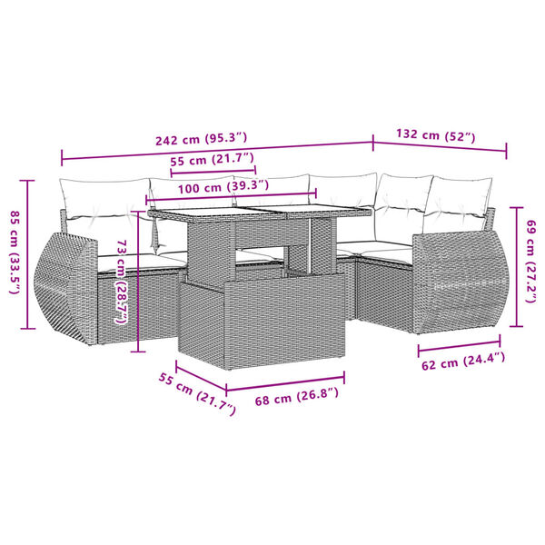 vidaXL 6 Piece Garden Sofa Set with Cushions Brown Poly Rattan