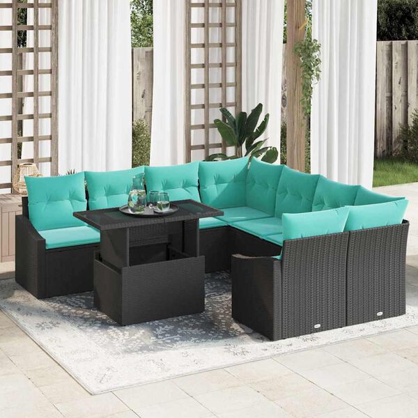 vidaXL Garden Sofa Set with Cushion 9 pcs Black Poly Rattan
