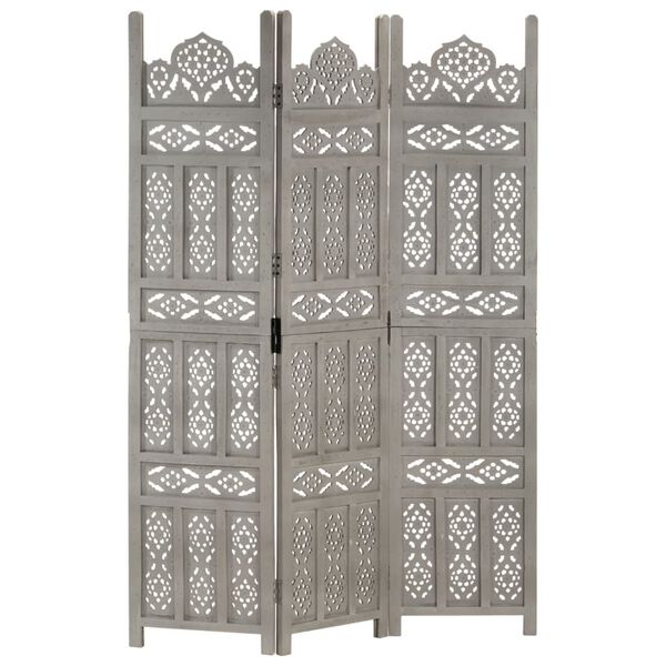 vidaXL Hand carved 3-Panel Room Divider Grey 120x165 cm Solid Mango Wood