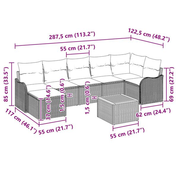 vidaXL 8 Piece Garden Sofa Set with Cushions Grey Poly Rattan Acacia