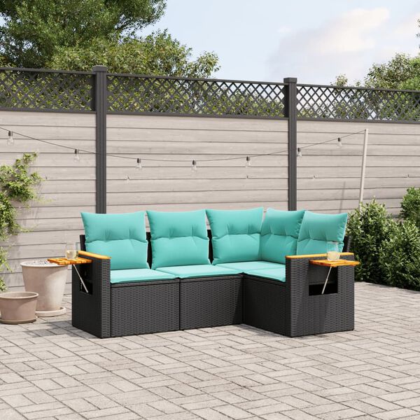 vidaXL 4 Piece Garden Sofa Set with Cushions Black Poly Rattan