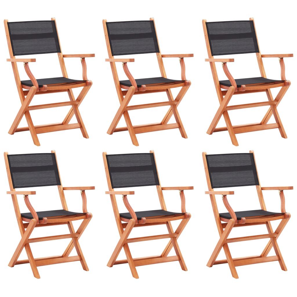 vidaXL Folding Garden Chairs 6 pcs Black Solid Eucalyptus Wood&Textilene