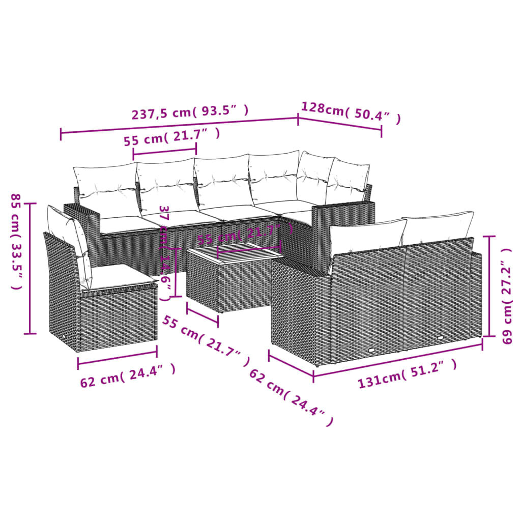 vidaXL 9 Piece Garden Sofa Set with Cushions Beige Poly Rattan