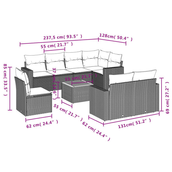 vidaXL 9 Piece Garden Sofa Set with Cushions Beige Poly Rattan