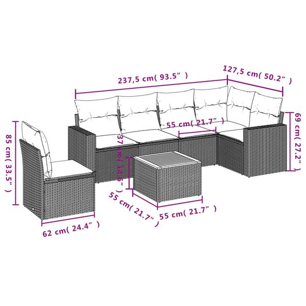 vidaXL 7 Piece Garden Sofa Set with Cushions Grey Poly Rattan