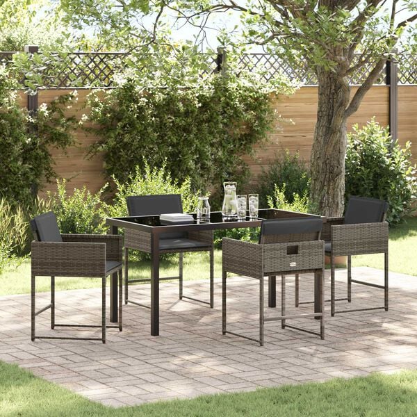 vidaXL Garden Dining Set with Cushion 5 pcs Grey Poly Rattan