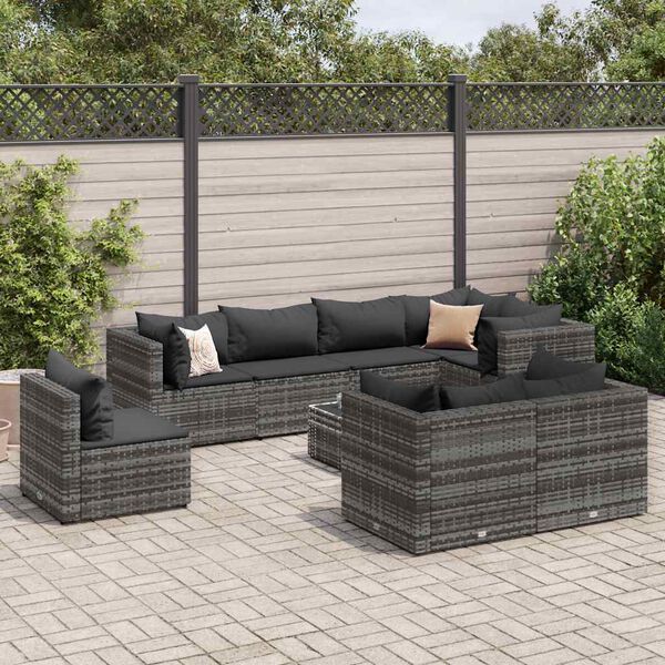 vidaXL 8 Piece Garden Lounge Set with Cushions Grey Poly Rattan