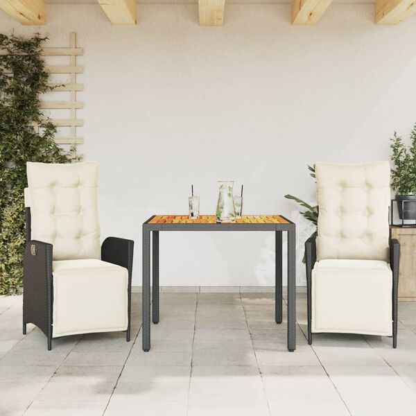 vidaXL 3 Piece Garden Dining Set with Cushions Black Poly Rattan