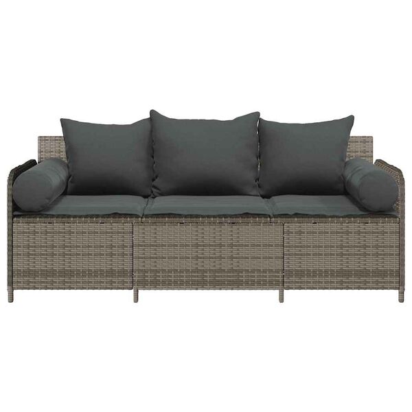 vidaXL Garden Sofa with Cushions 3-Seater Grey Poly Rattan