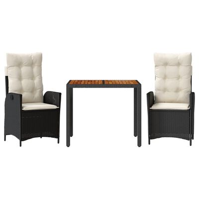 vidaXL 3 Piece Garden Dining Set with Cushions Black Poly Rattan
