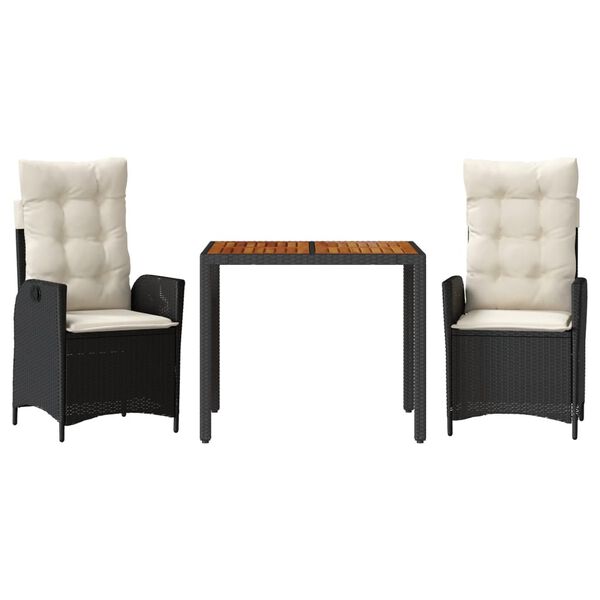 vidaXL 3 Piece Garden Dining Set with Cushions Black Poly Rattan