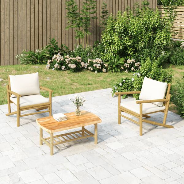 vidaXL 3 Piece Garden Lounge Set with Cream White Cushions Bamboo