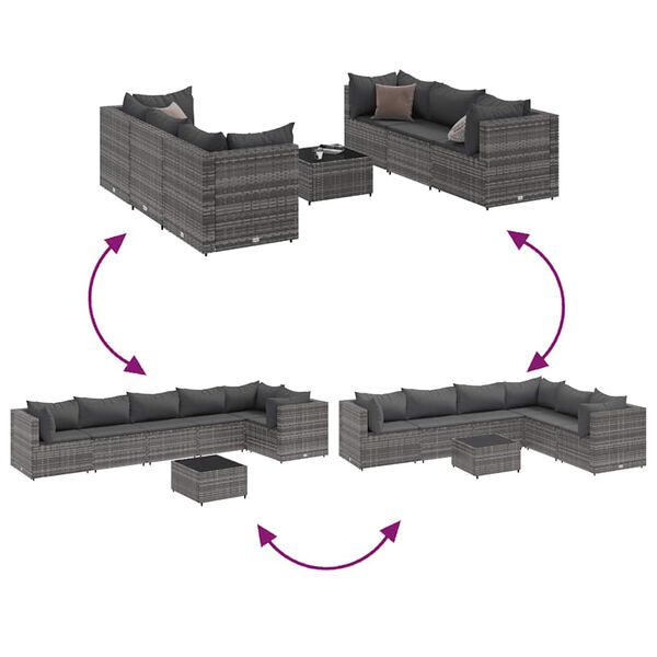 vidaXL 7 Piece Garden Lounge Set with Cushions Grey Poly Rattan
