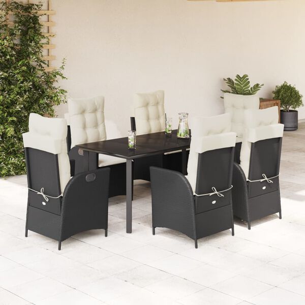 vidaXL 7 Piece Garden Dining Set with Cushions Black Poly Rattan