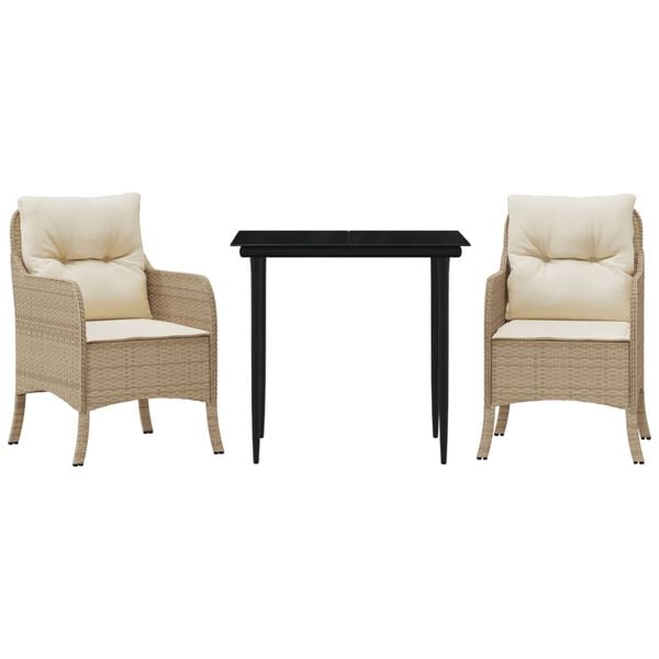 vidaXL 3 Piece Garden Dining Set with Cushions Beige Poly Rattan