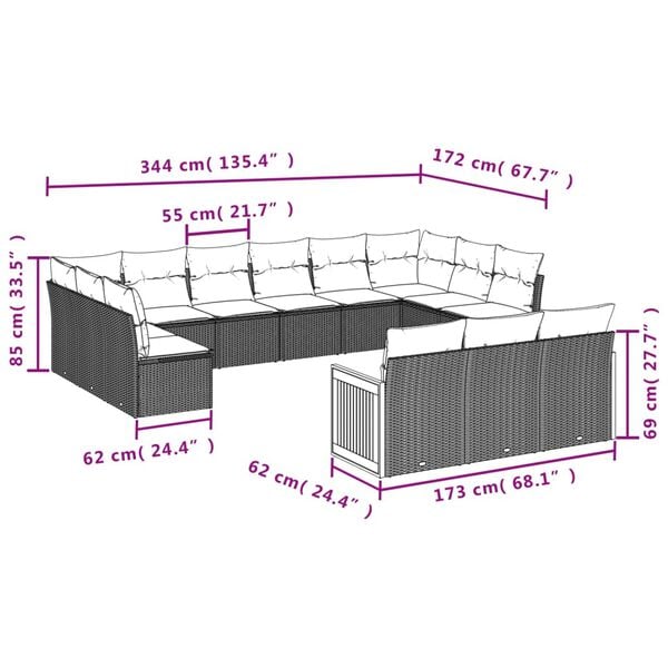 vidaXL 13 Piece Garden Sofa Set with Cushions Grey Poly Rattan